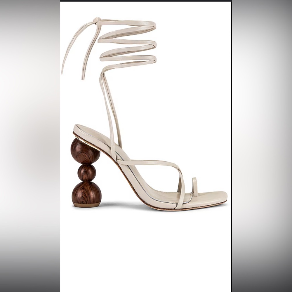 Elegant Cream Strappy Heels with Unique Wooden Heel